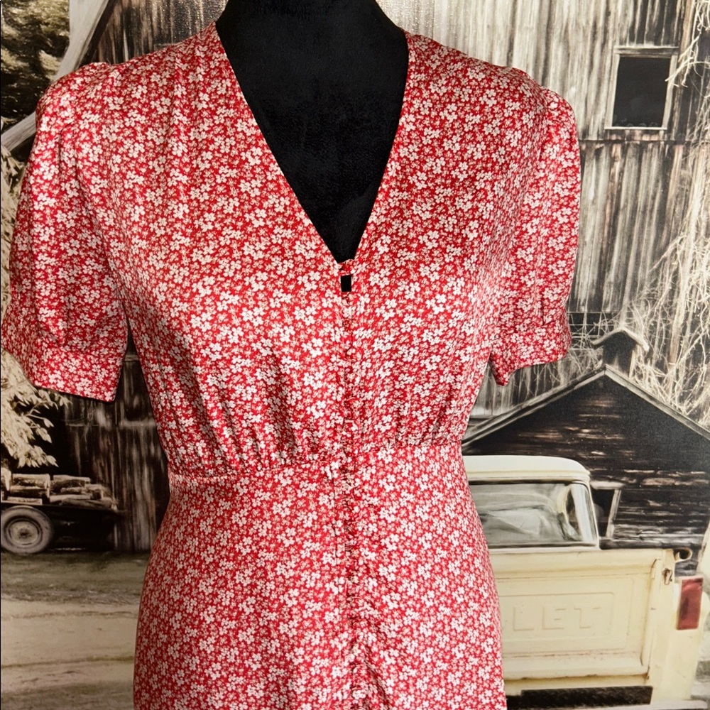 The Kooples Red Floral V-Neck Midi Dress - Picture 2 of 4